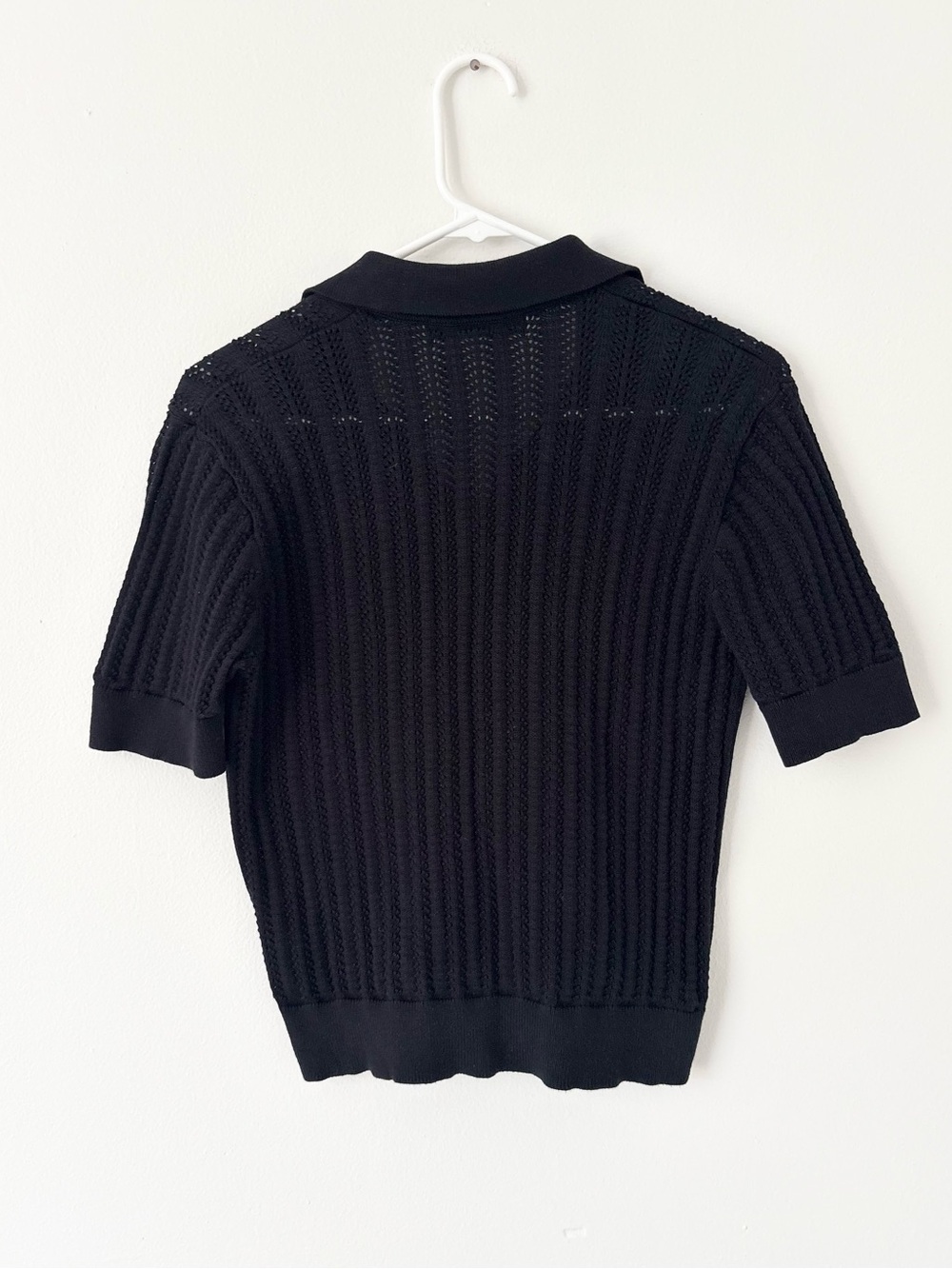 Uniqlo Black Knit Short Sleeve Cotton Popcorn Polo Sheer Pointelle Sweater Small - Picture 6 of 7